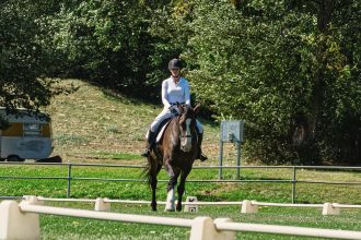 Cavaleira montada em um cavalo em uma arena de adestramento ao ar livre, cercada por vegetação.