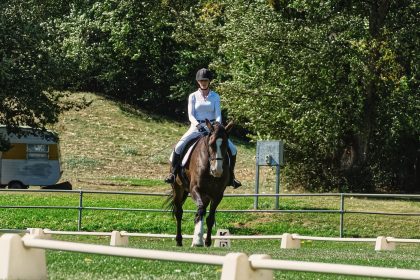 Cavaleira montada em um cavalo em uma arena de adestramento ao ar livre, cercada por vegetação.